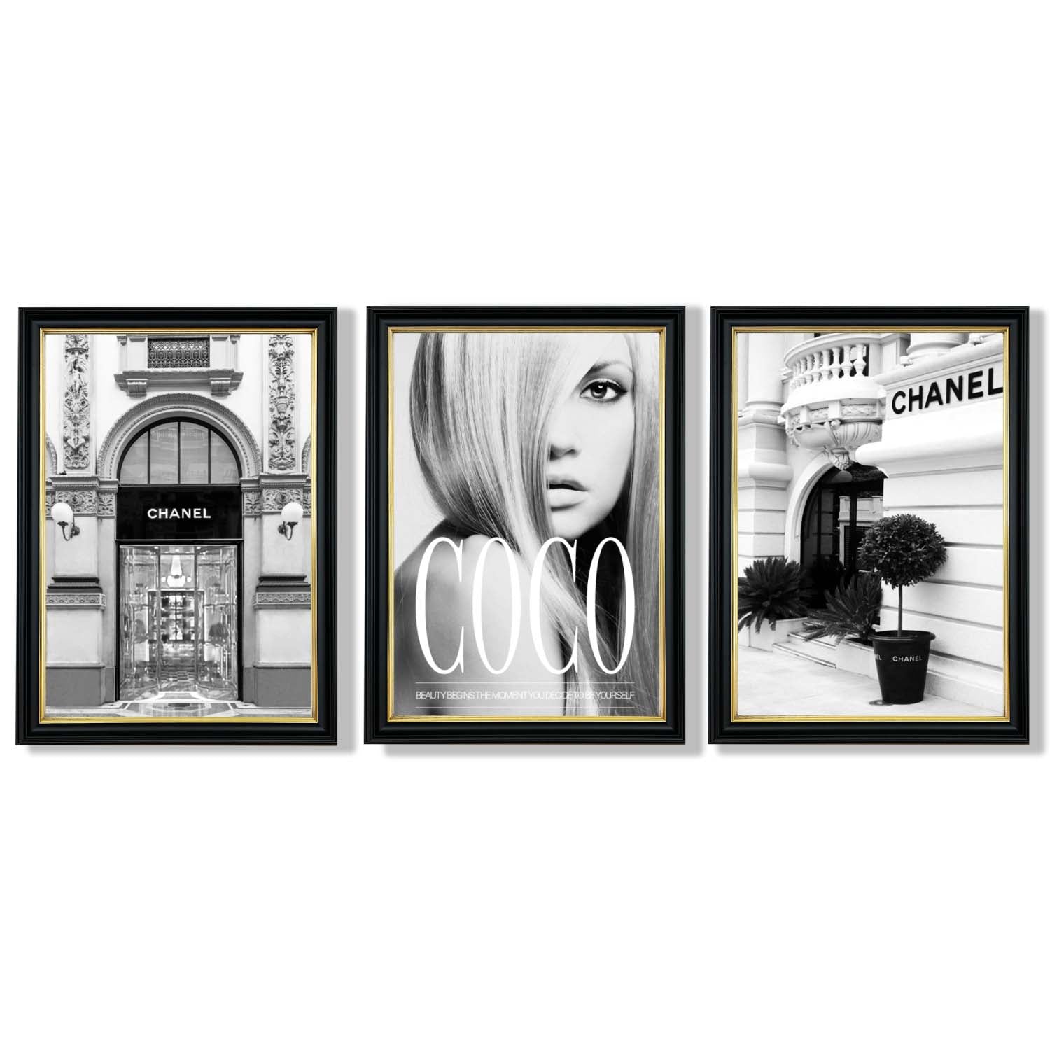 Set of 3 Fashion Iconic Framed Art Prints with Vermeer Black and Gold Frames