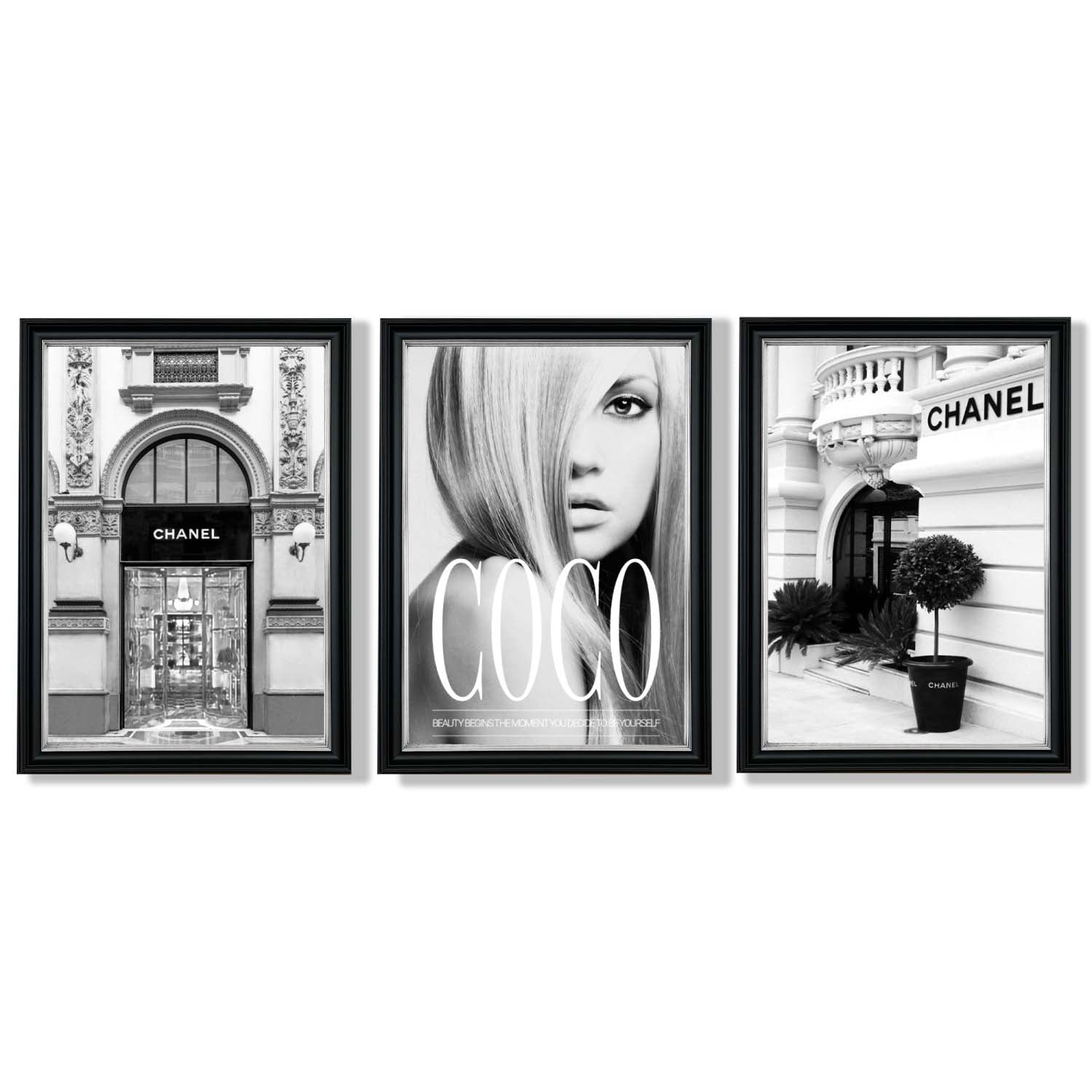 Set of 3 Fashion Iconic Framed Art Prints with Vermeer Black and Silver Frames