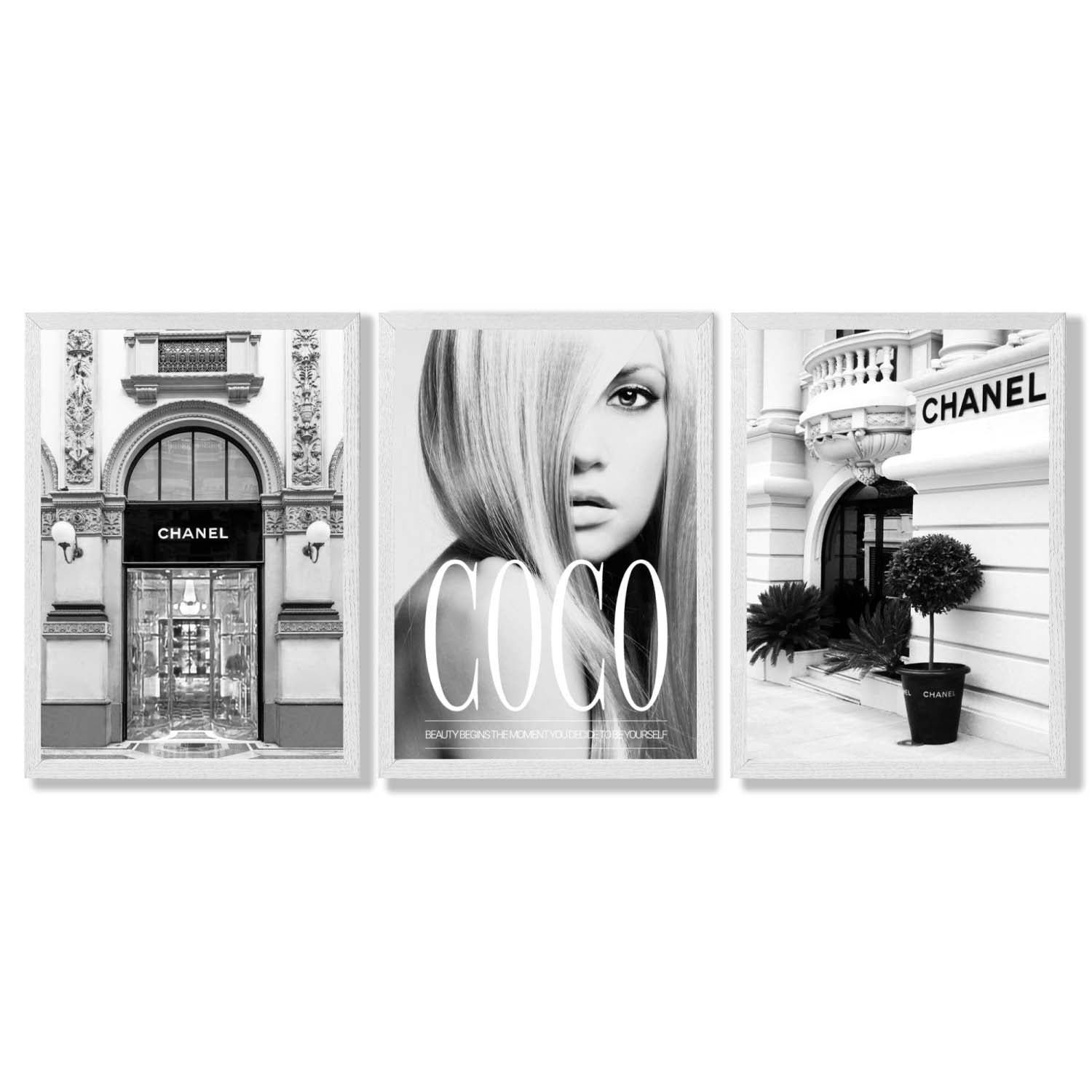 Set of 3 Fashion Iconic Framed Art Prints with White Wooden Frames