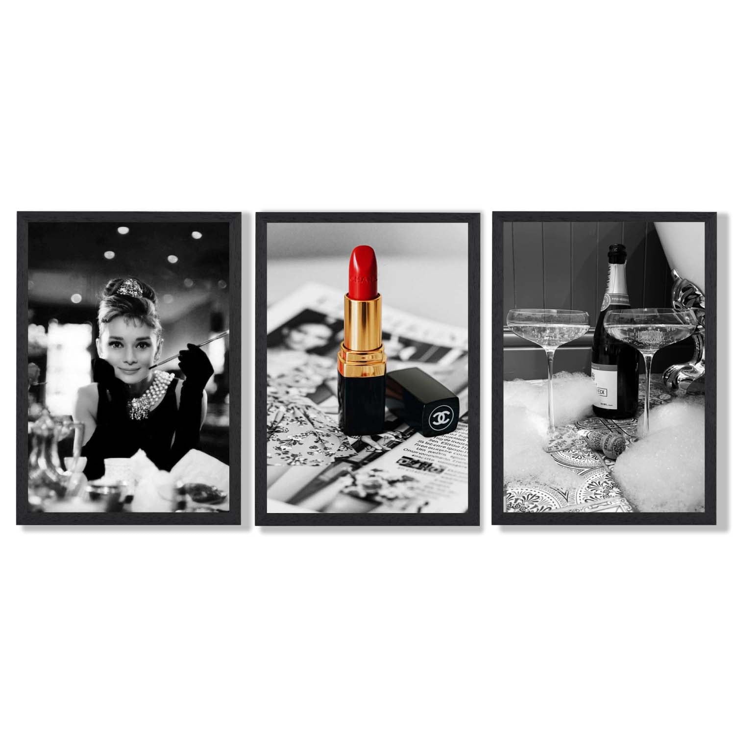 Set of 3 Audrey Hepburn Champagne and Lipstick Framed Art Prints with Black Wooden Frames