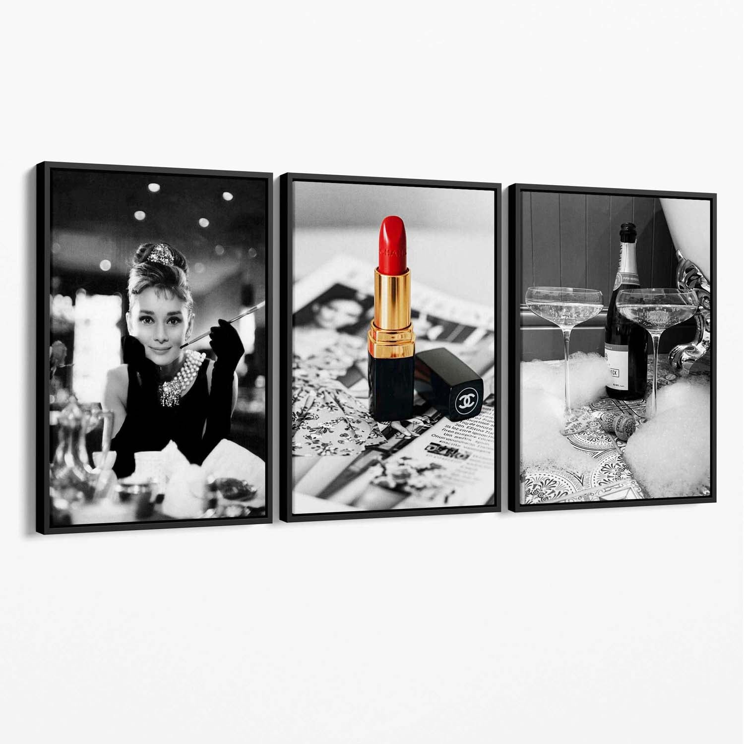 Set of 3 Audrey Hepburn Champagne and Lipstick Canvas Art Prints with Black Float Frame