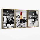 Set of 3 Audrey Hepburn Champagne and Lipstick Canvas Art Prints with Gold Float Frame