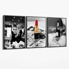 Set of 3 Audrey Hepburn Champagne and Lipstick Canvas Art Prints with Grey Float Frame