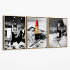 Set of 3 Audrey Hepburn Champagne and Lipstick Canvas Art Prints with Oak Float Frame