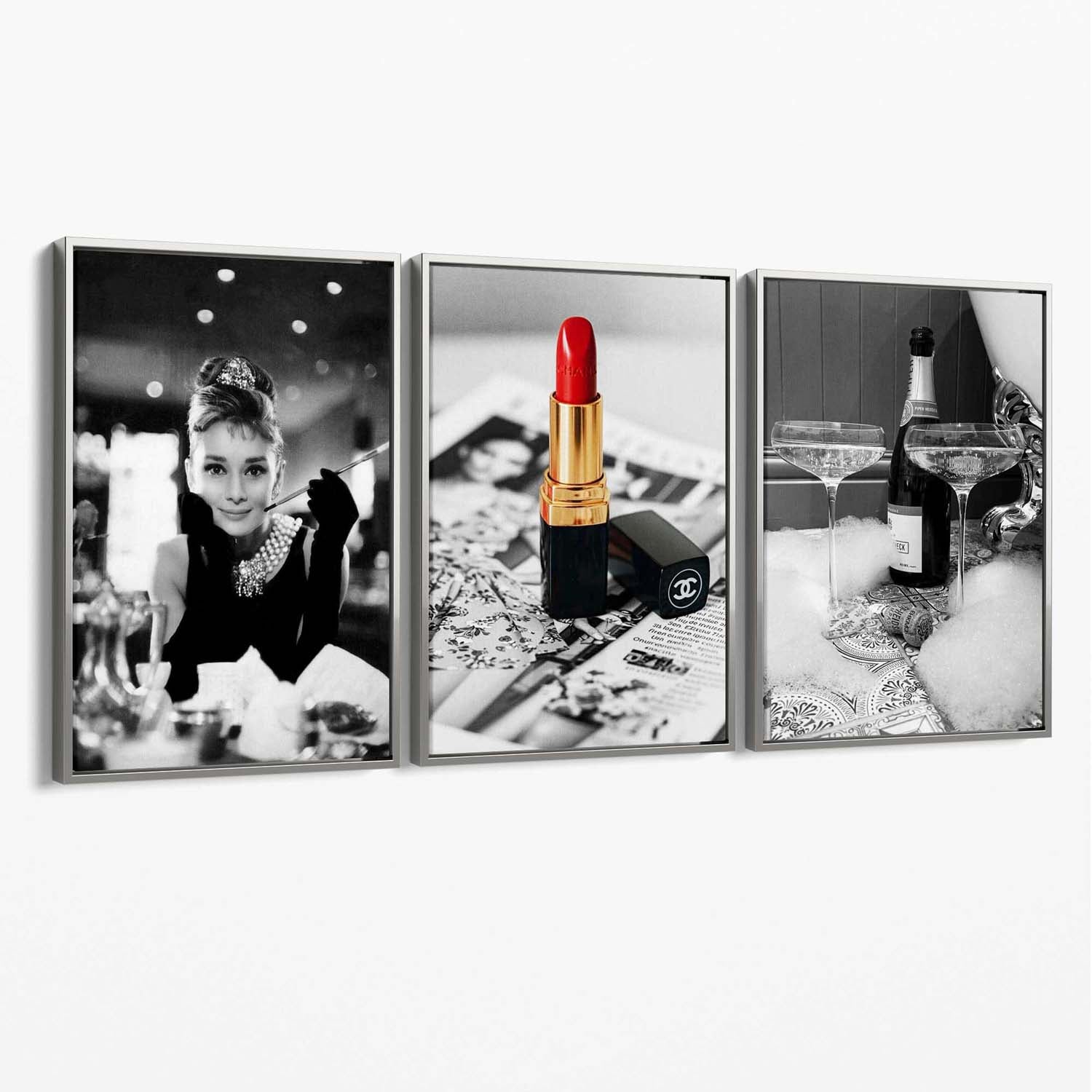 Set of 3 Audrey Hepburn Champagne and Lipstick Canvas Art Prints with Silver Float Frame