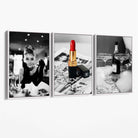 Set of 3 Audrey Hepburn Champagne and Lipstick Canvas Art Prints with White Float Frame