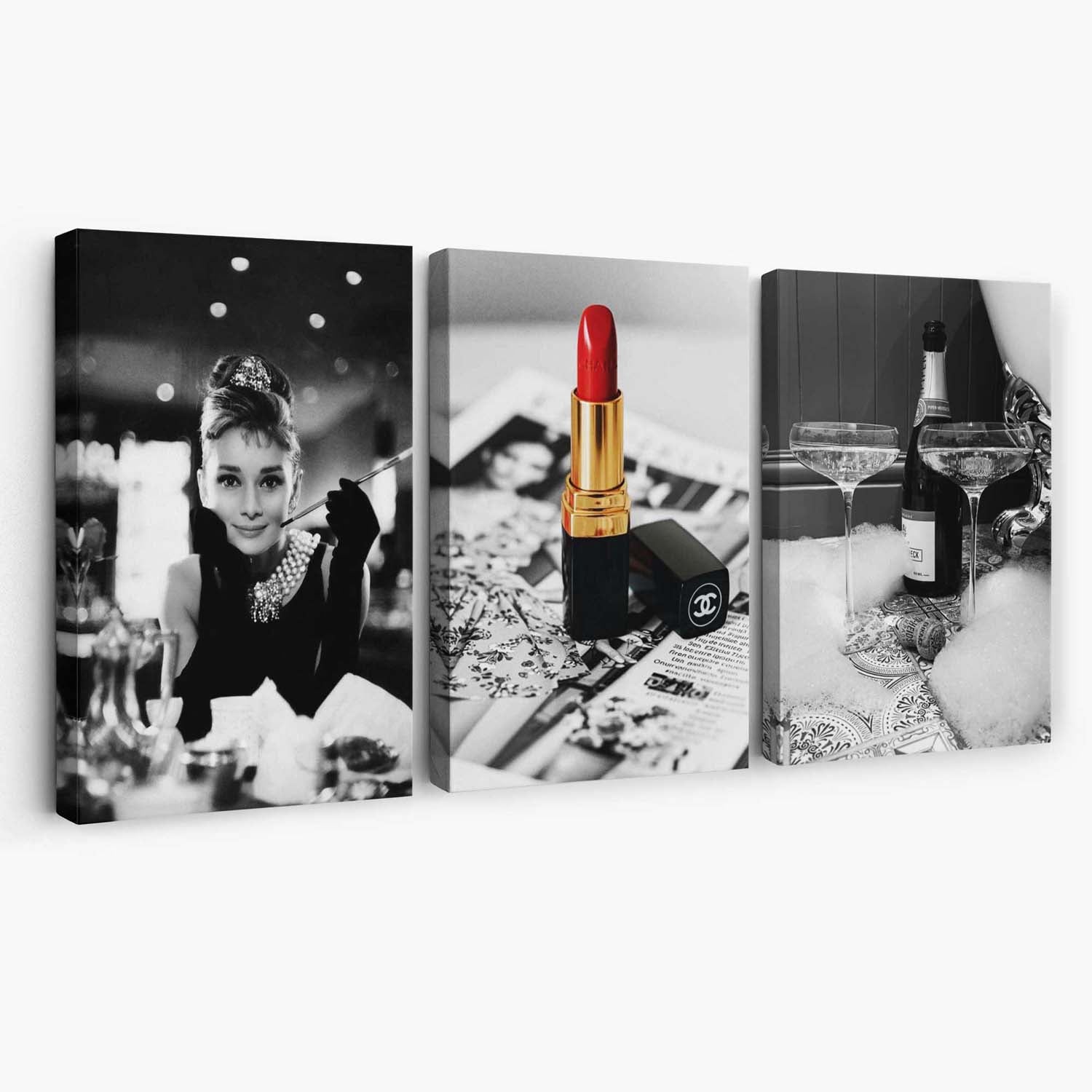 Set of 3 Audrey Hepburn Champagne and Lipstick Canvas Art Prints | Artze Wall Art