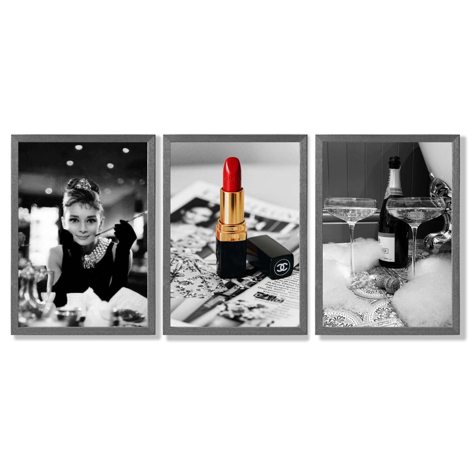 Set of 3 Audrey Hepburn Champagne and Lipstick Framed Art Prints with Dark Grey Wooden Frames