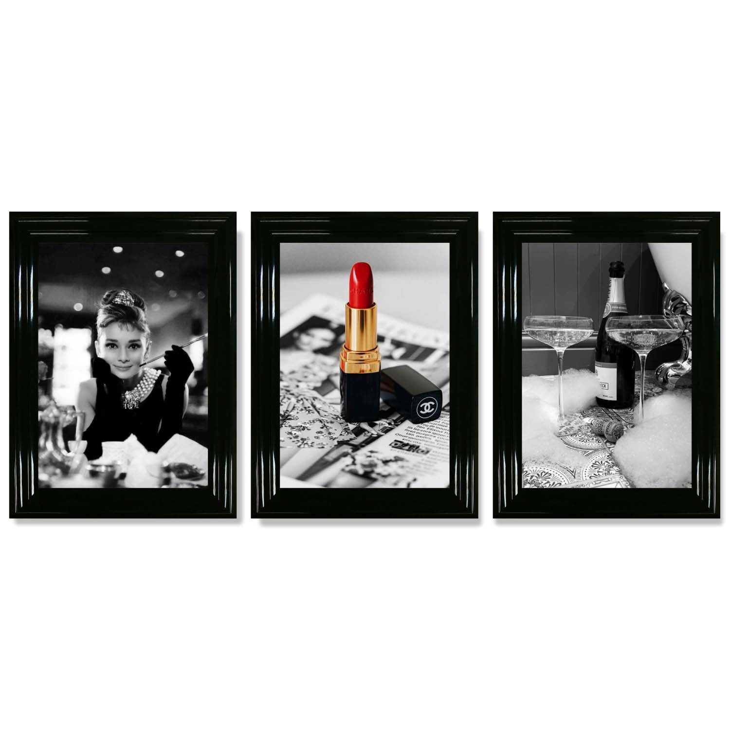 Set of 3 Audrey Hepburn Champagne and Lipstick Framed Art Prints with Glossy Black Frames