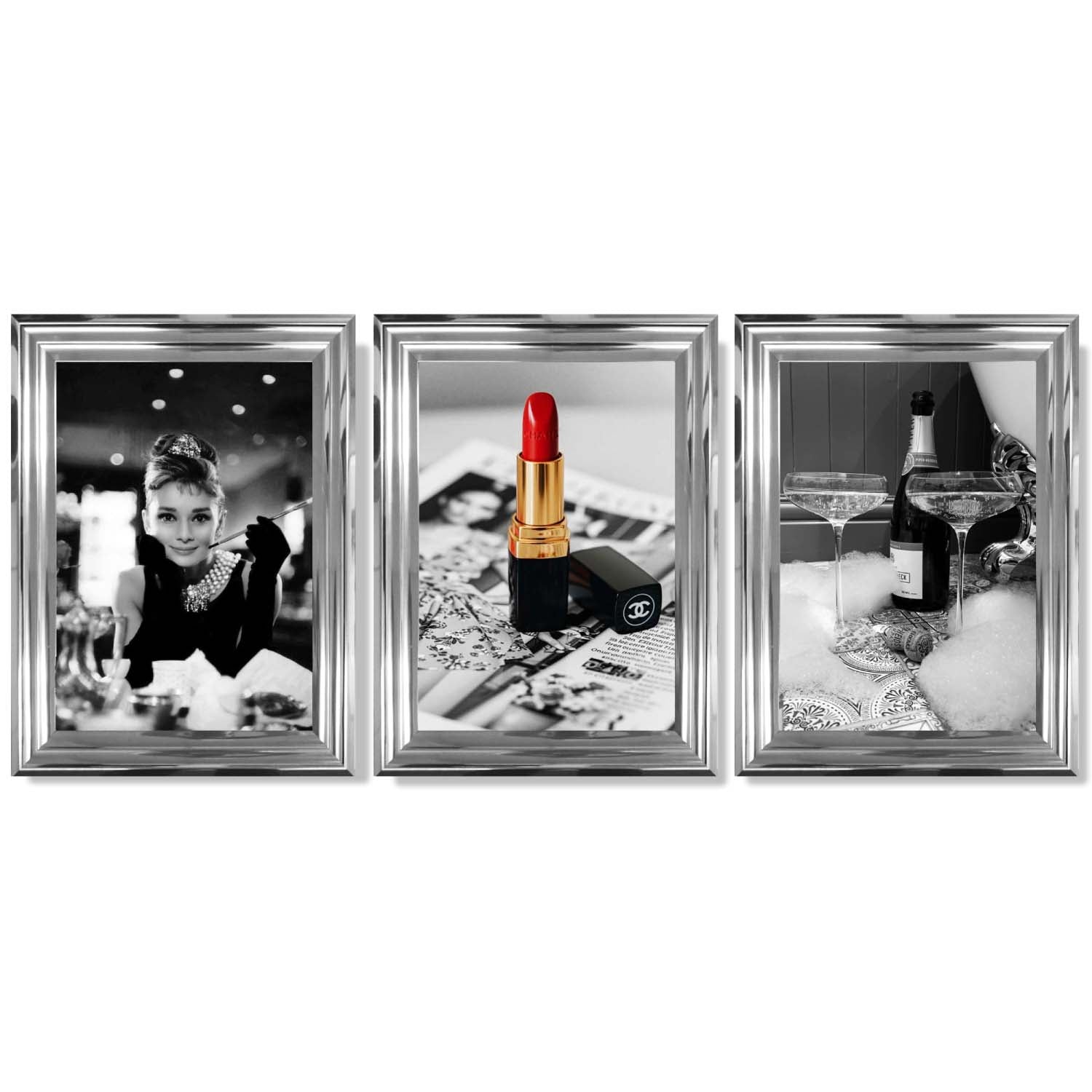 Set of 3 Audrey Hepburn Champagne and Lipstick Framed Art Prints with Glossy Chrome Frames