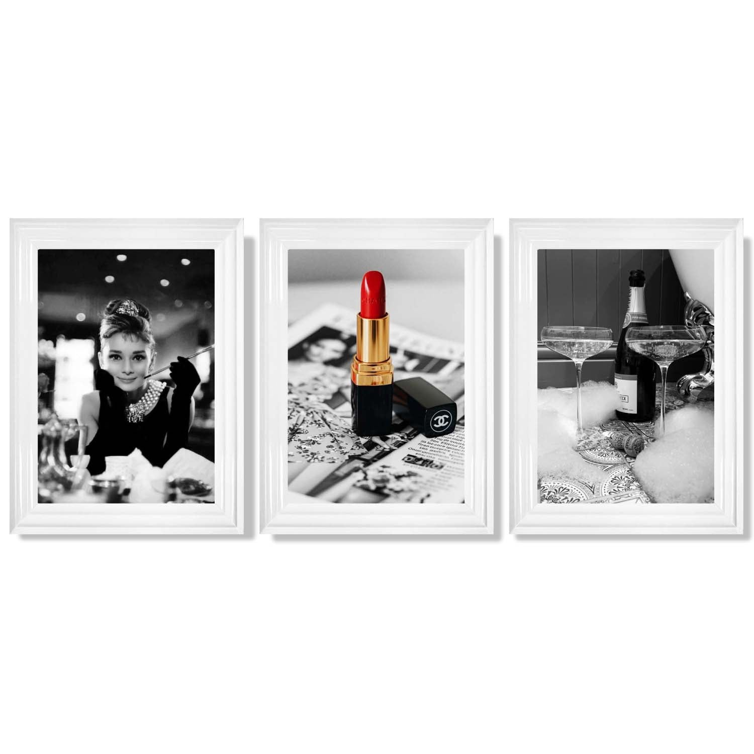 Set of 3 Audrey Hepburn Champagne and Lipstick Framed Art Prints with Glossy White Frames