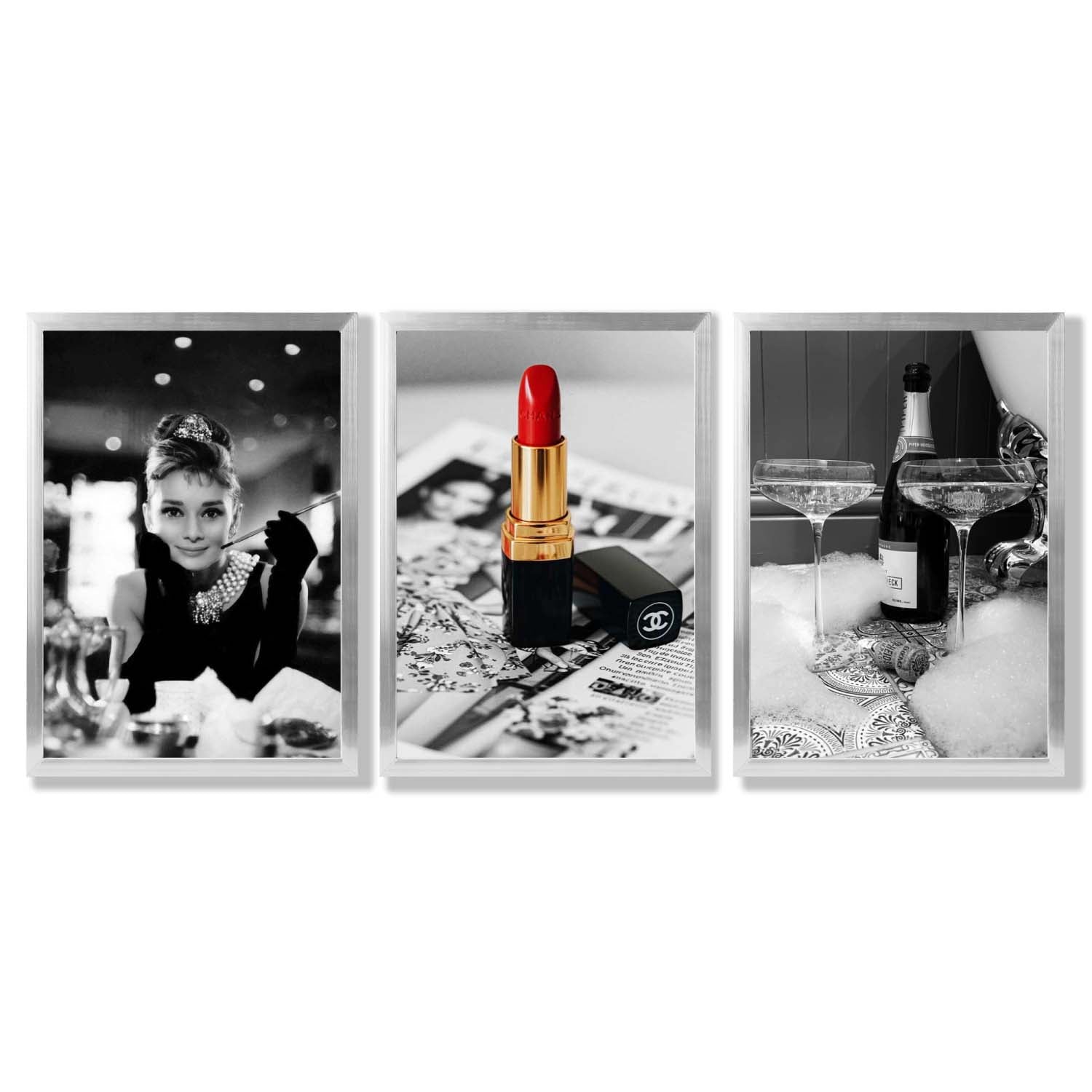 Set of 3 Audrey Hepburn Champagne and Lipstick Framed Art Prints with Silver Wood Frames