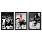 Set of 3 Audrey Hepburn Champagne and Lipstick Framed Art Prints with Vermeer Black Frames