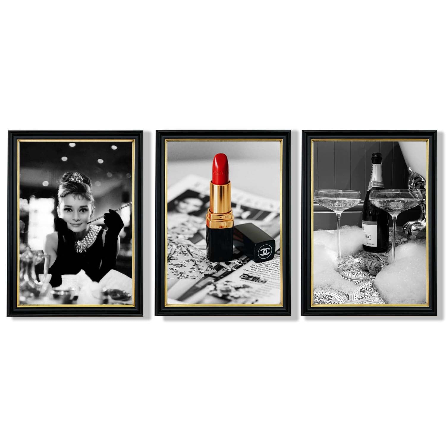 Set of 3 Audrey Hepburn Champagne and Lipstick Framed Art Prints with Vermeer Black and Gold Frames