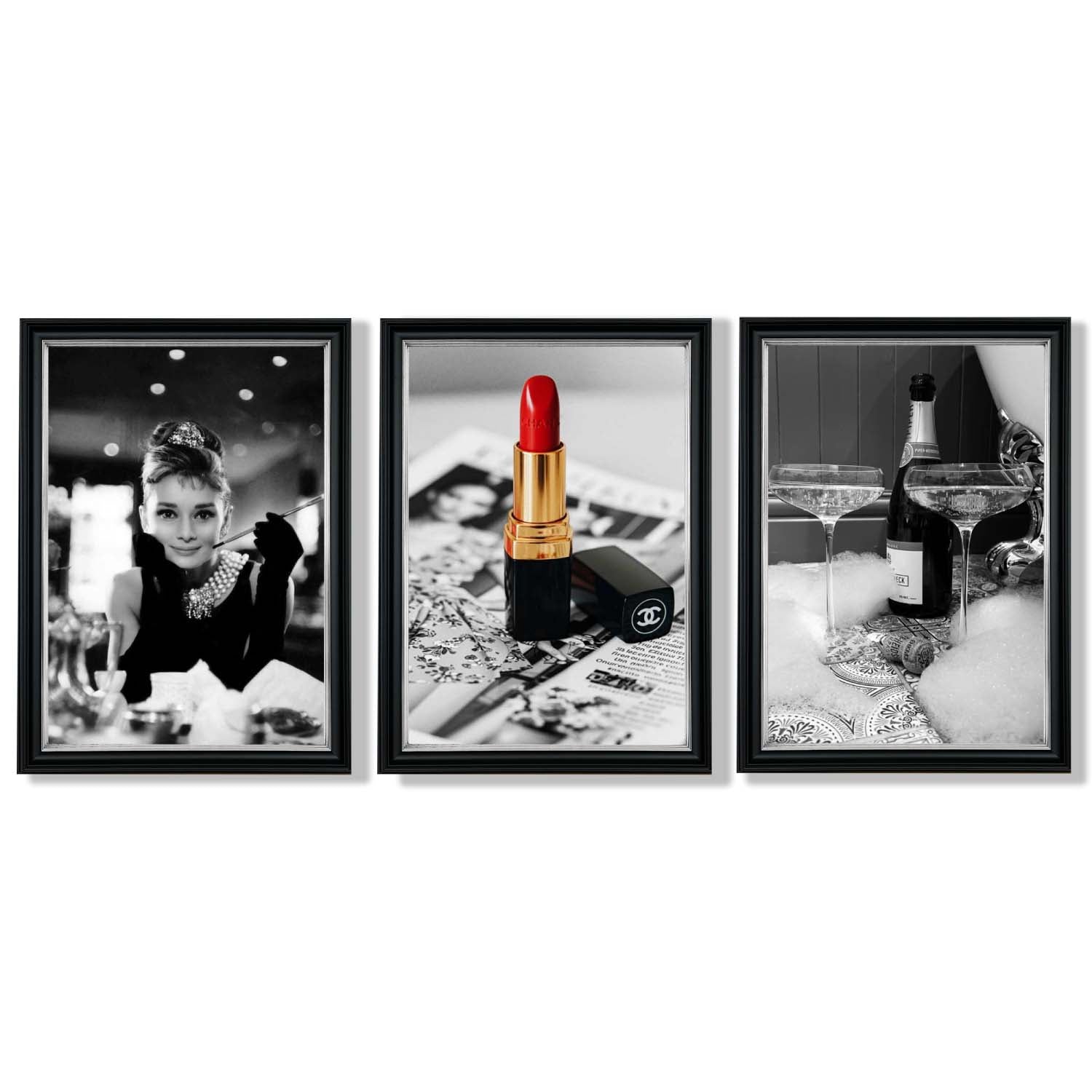 Set of 3 Audrey Hepburn Champagne and Lipstick Framed Art Prints with Vermeer Black and Silver Frames