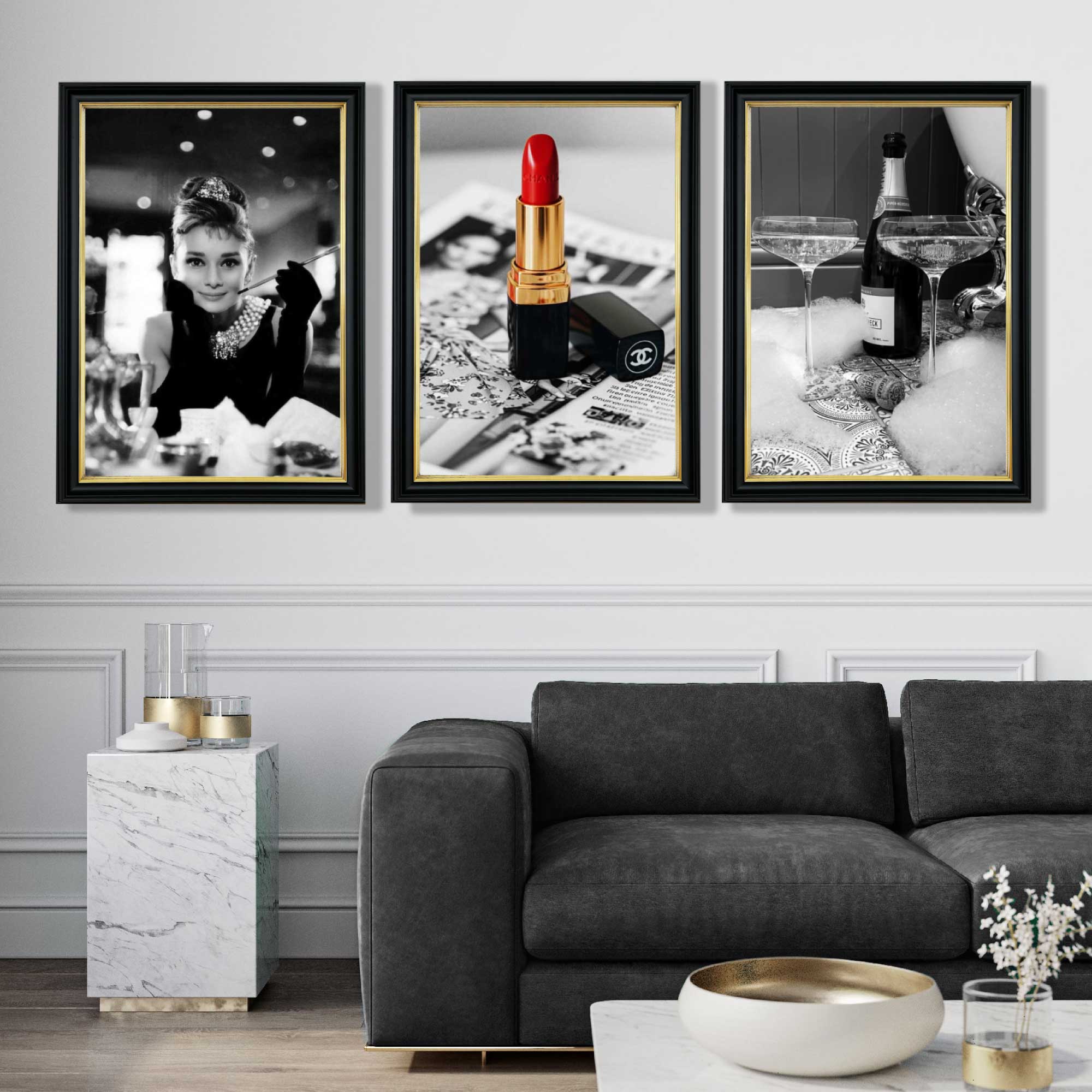 Set of 3 Audrey Hepburn Champagne and Lipstick Art Prints in Luxury Frames | Artze UK