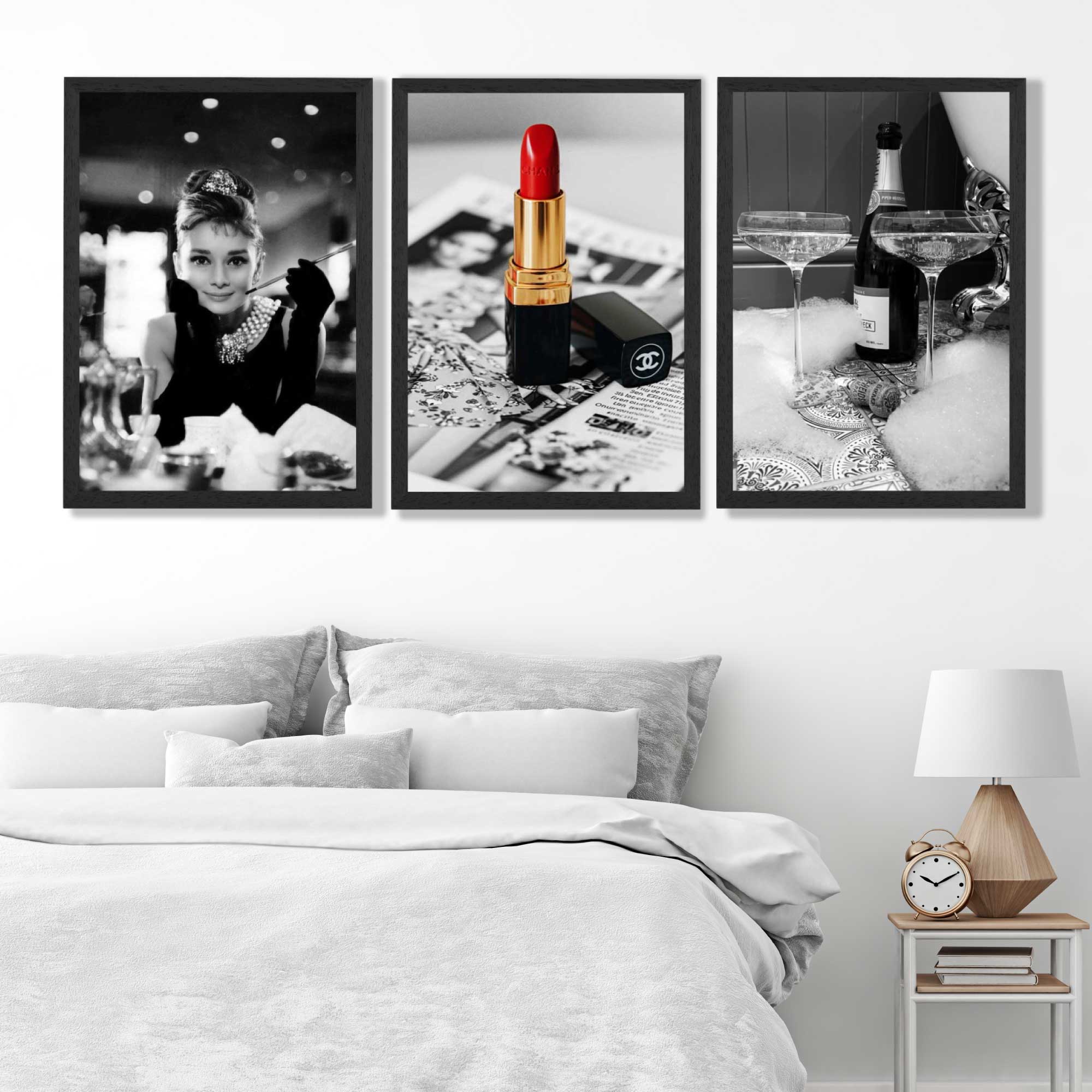 Set of 3 Audrey Hepburn Champagne and Lipstick Art Prints in Black Frames | Artze UK