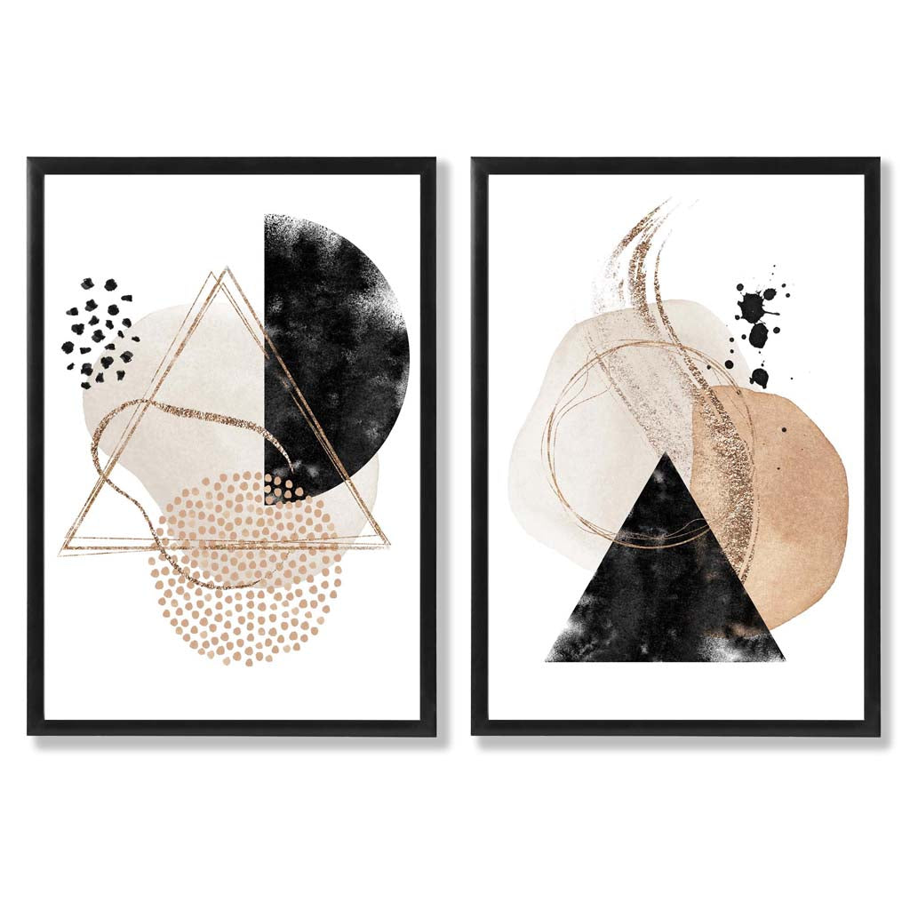 Beige and Black Abstract Shapes Set of 2 Art Prints with Black Frame