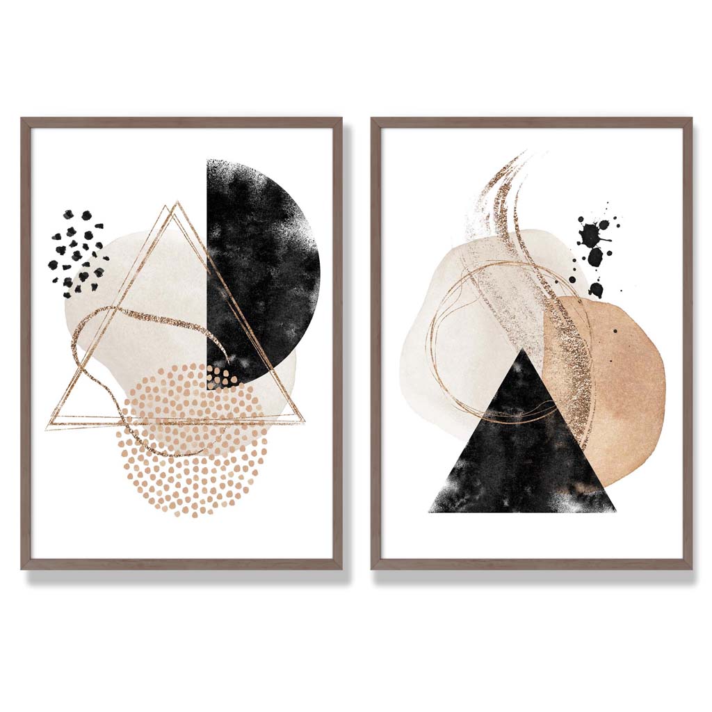 Beige and Black Abstract Shapes Set of 2 Art Prints with Walnut Frame