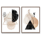 Beige and Black Abstract Shapes Set of 2 Art Prints with Walnut Frame