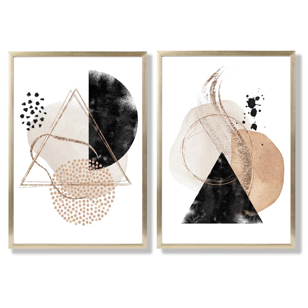 Beige and Black Abstract Shapes Set of 2 Art Prints with Gold Frame