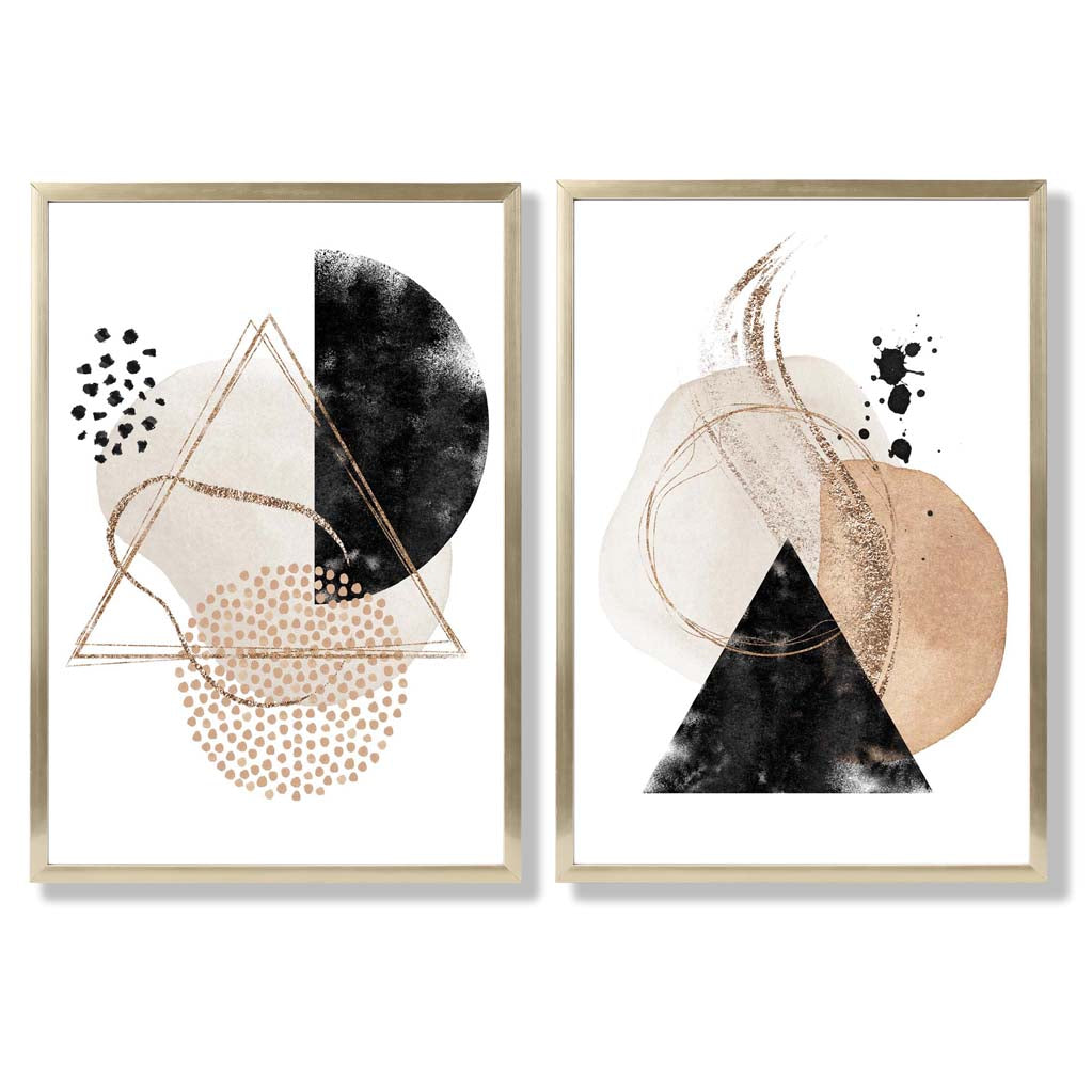 Beige and Black Abstract Shapes Set of 2 Art Prints with Gold Frame