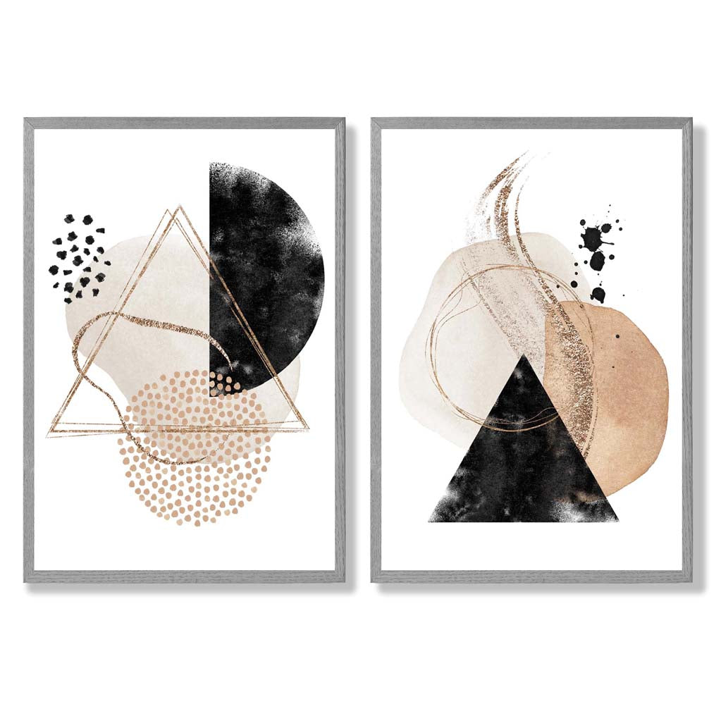 Beige and Black Abstract Shapes Set of 2 Art Prints with Light Grey Frame