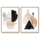 Beige and Black Abstract Shapes Set of 2 Art Prints with Oak Frame