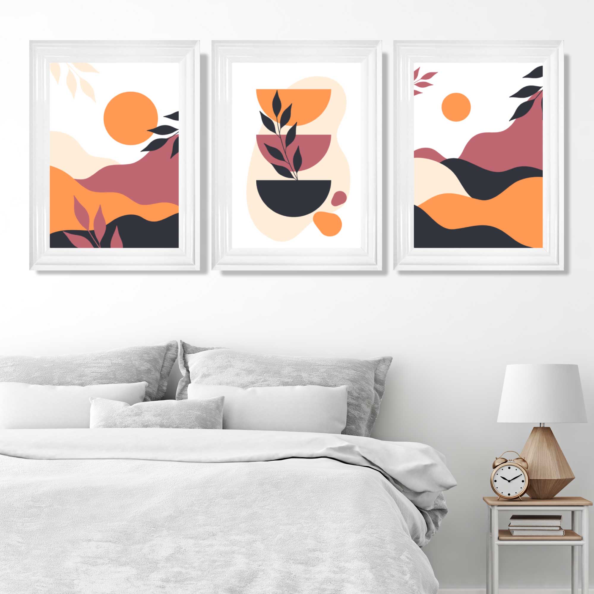 Boho Vibrant Pink Orange Set of 3 Art Prints in Luxury Frames | Artze UK