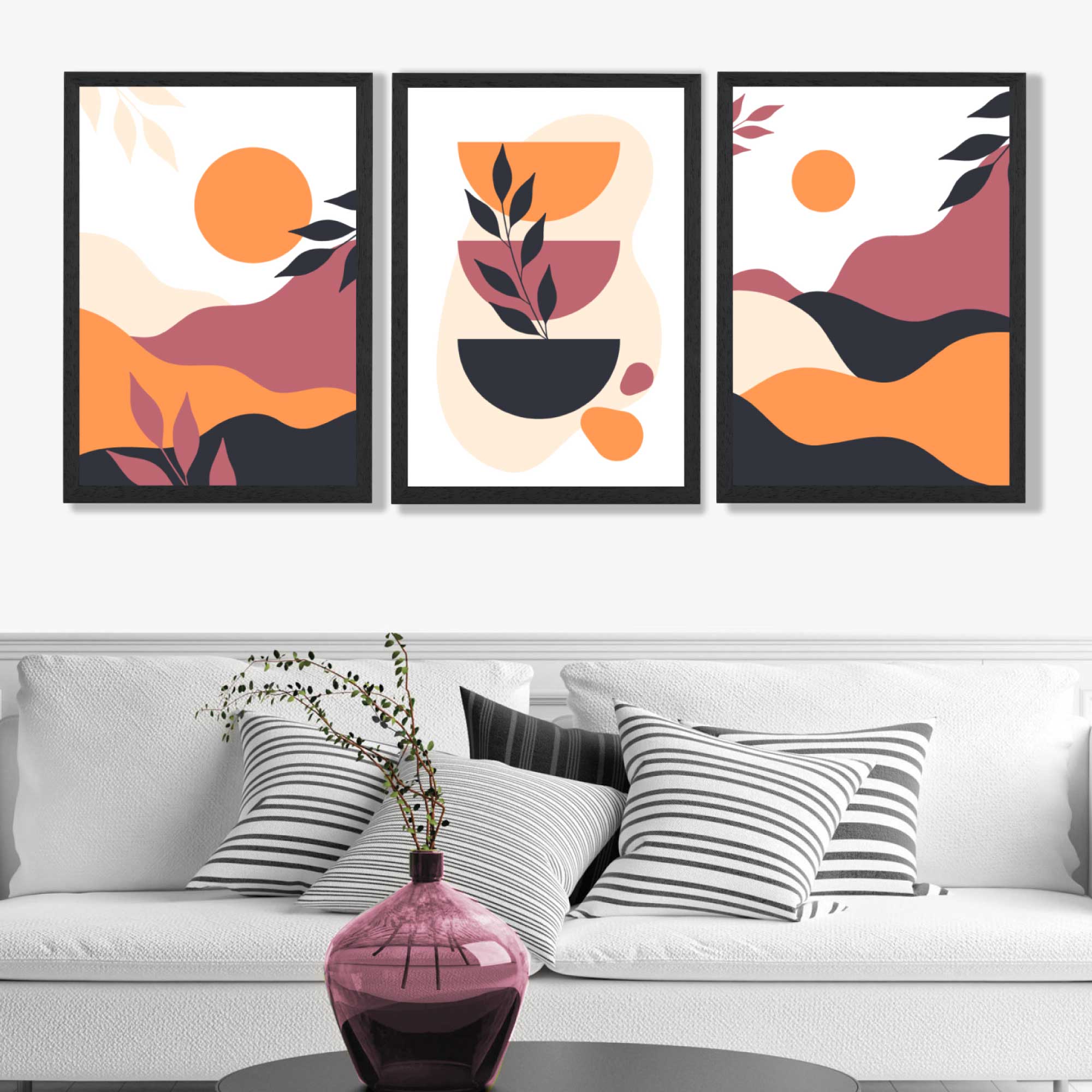 Boho Vibrant Pink Orange Set of 3 Art Prints in Black Frames | Artze UK