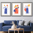 Boho Minimal Floral Blue Orange Set of 3 Art Prints in Luxury Frames | Artze UK