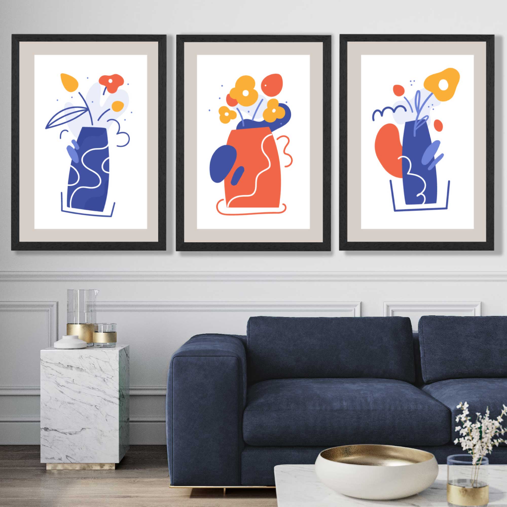 Boho Minimal Floral Blue Orange Set of 3 Art Prints in Black Frames | Artze UK