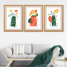 Boho Minimal Floral Green Orange Set of 3 Art Prints in Luxury Frames | Artze UK