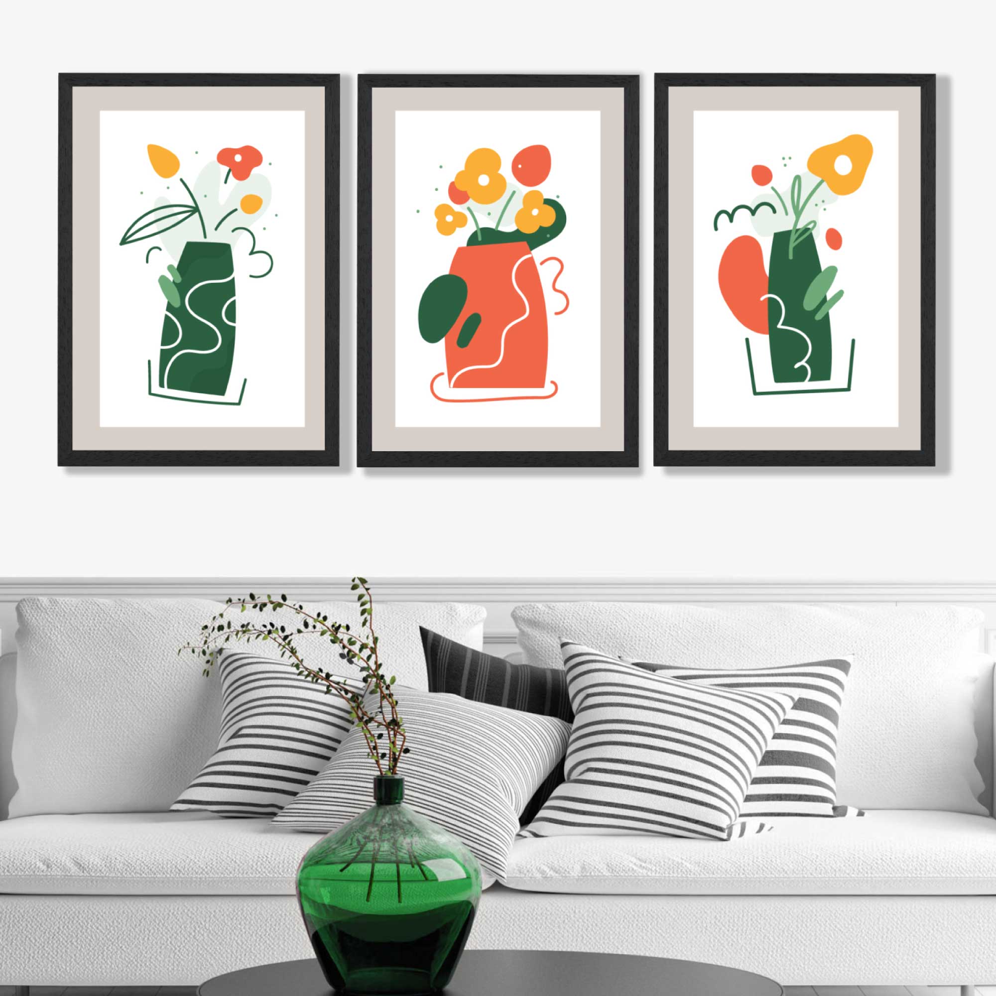 Boho Minimal Floral Green Orange Set of 3 Art Prints in Black Frames | Artze UK