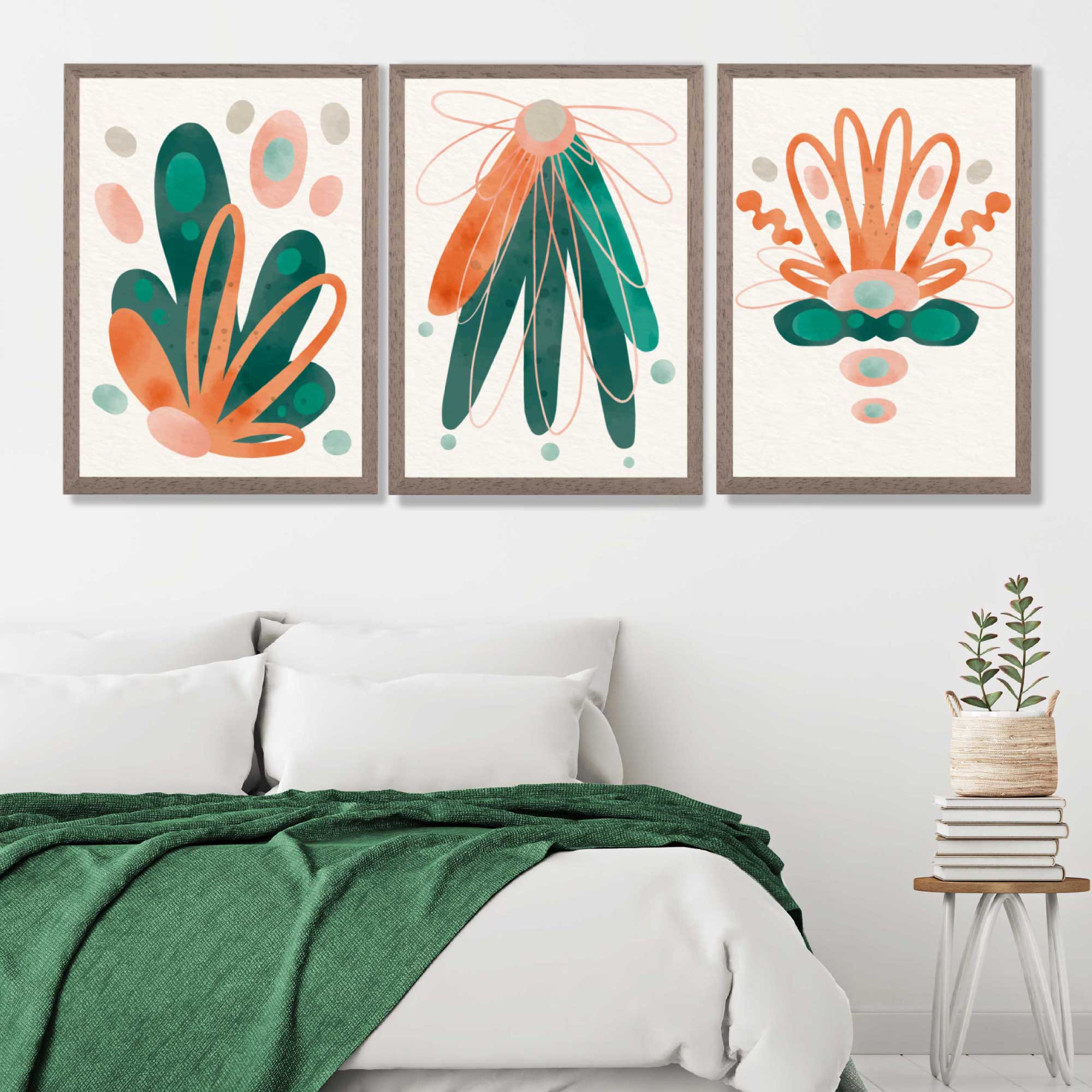 Abstract Green Orange Floral Set of 3 Art Prints in Luxury Frames | Artze UK