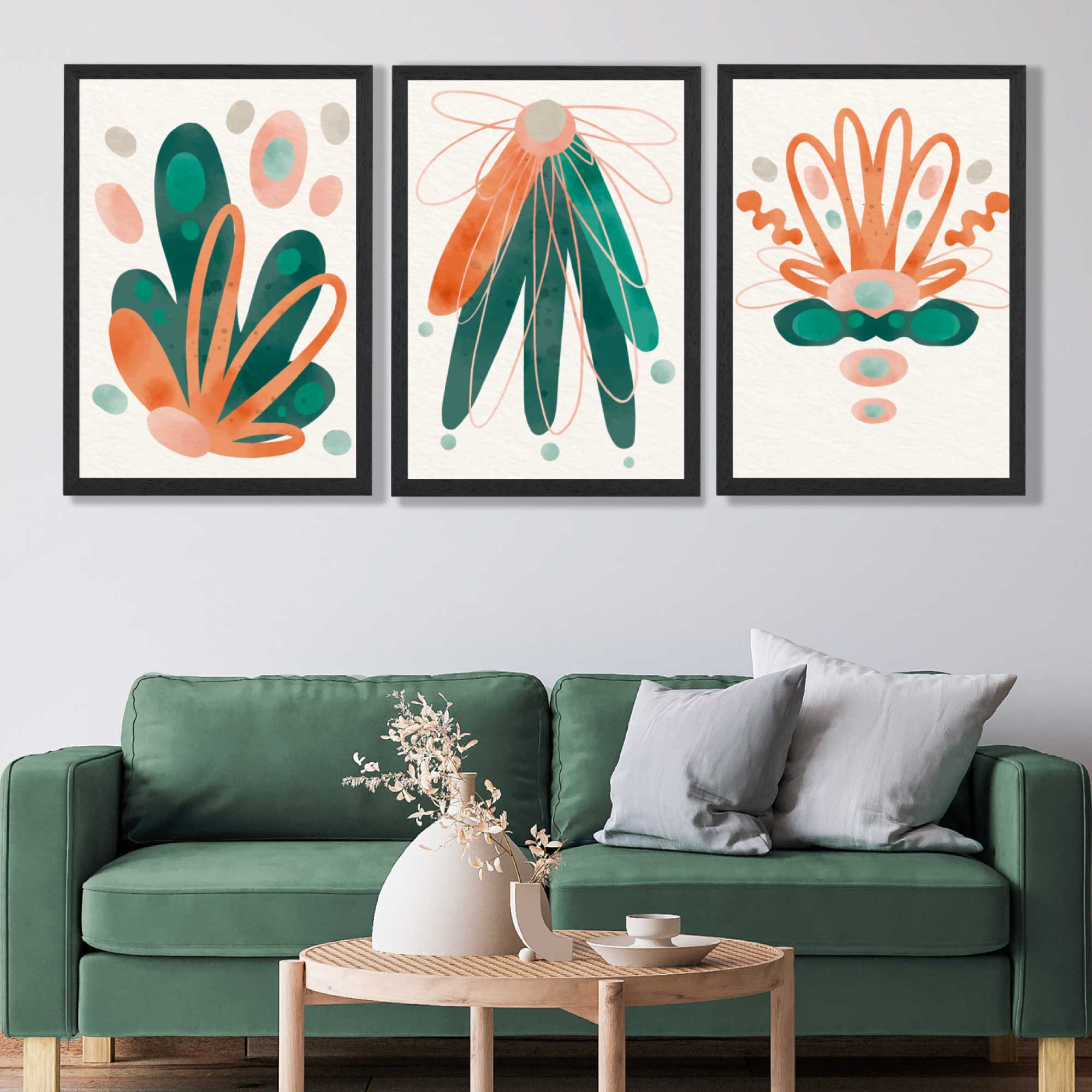 Abstract Green Orange Floral Set of 3 Art Prints in Black Frames | Artze UK