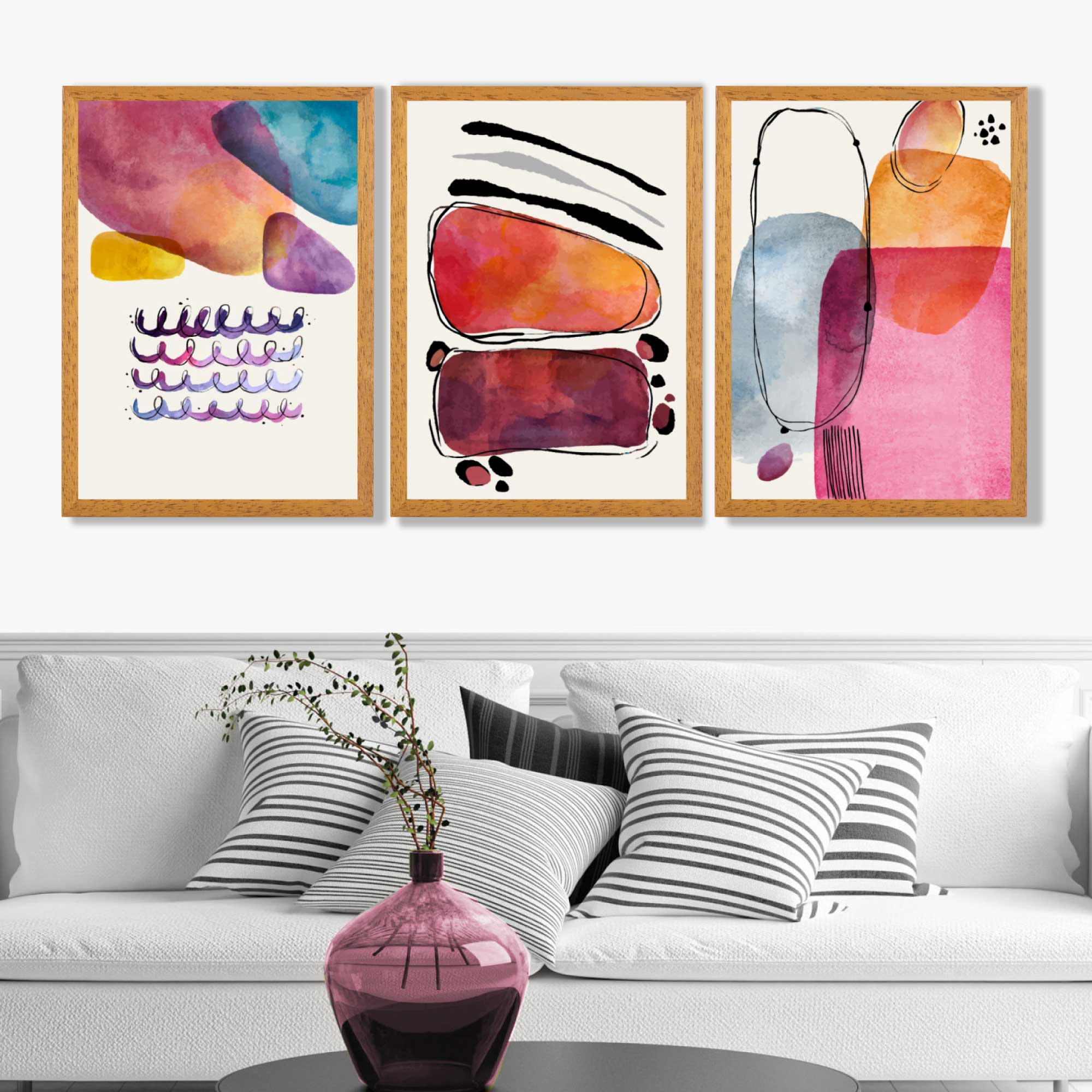 Abstract Shapes Pink Purple Set of 3 Art Prints in Luxury Frames | Artze UK