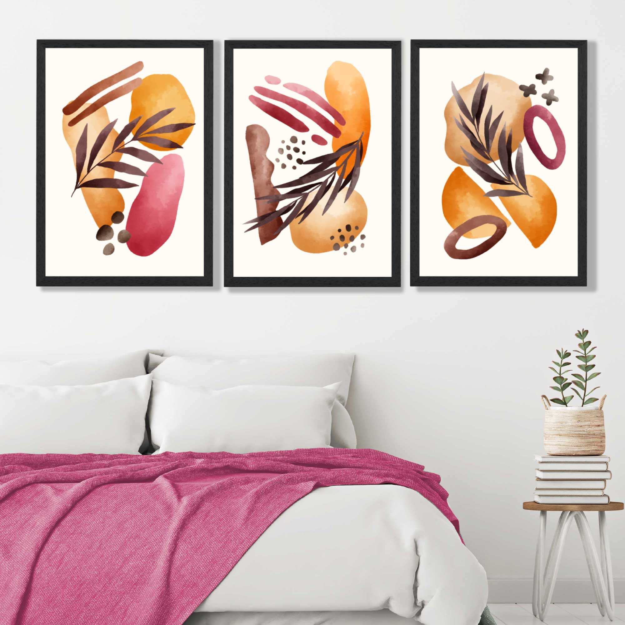 Abstract Autumn Tropical Set of 3 Art Prints in Black Frames | Artze UK