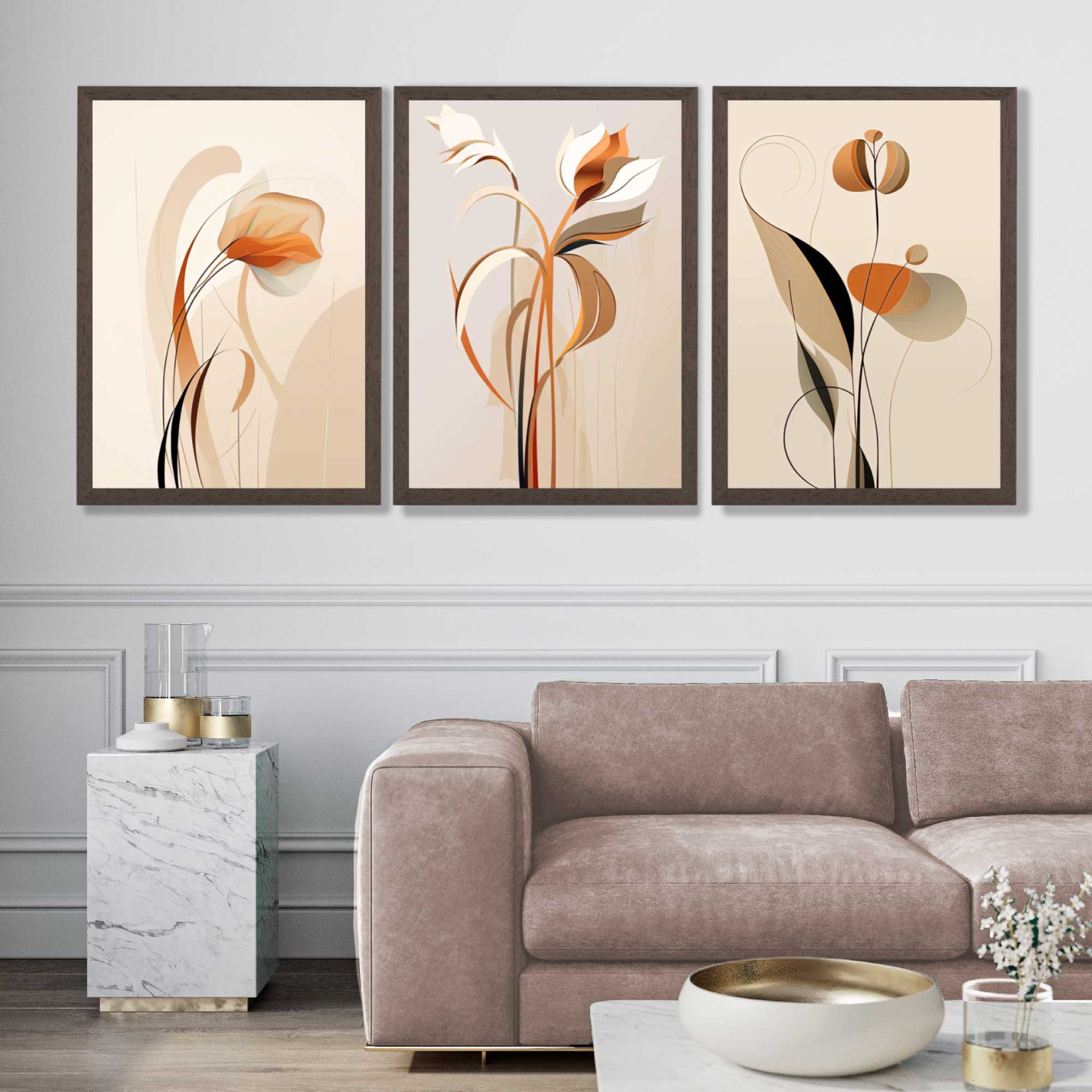 Art Deco Beige Orange Floral Set of 3 Art Prints in Luxury Frames | Artze UK