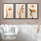 Art Deco Beige Orange Floral Set of 3 Art Prints in Black Frames | Artze UK