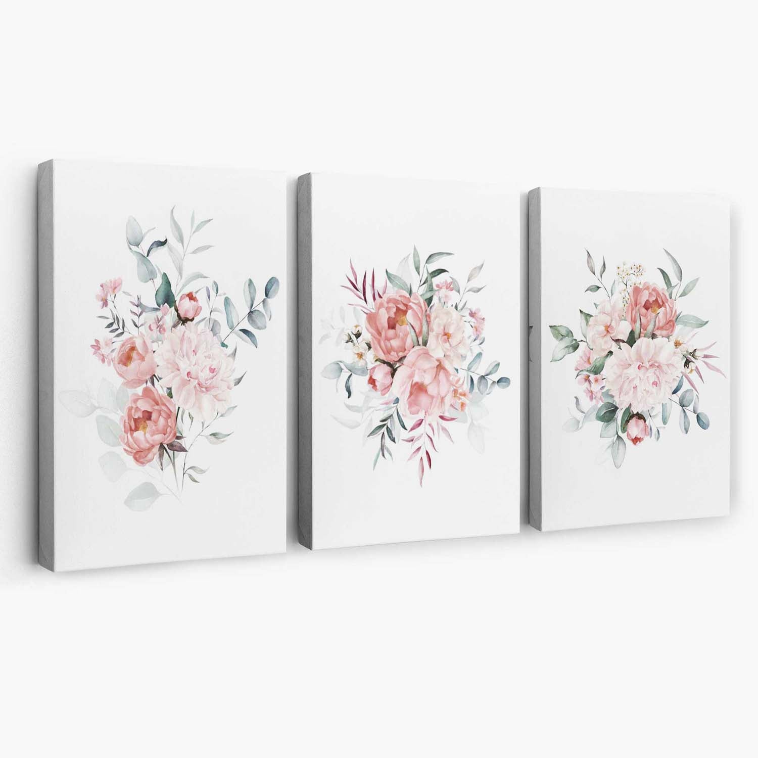 Pink Peonies Watercolour Floral Set of 3 Canvas Art Prints | Artze Wall Art