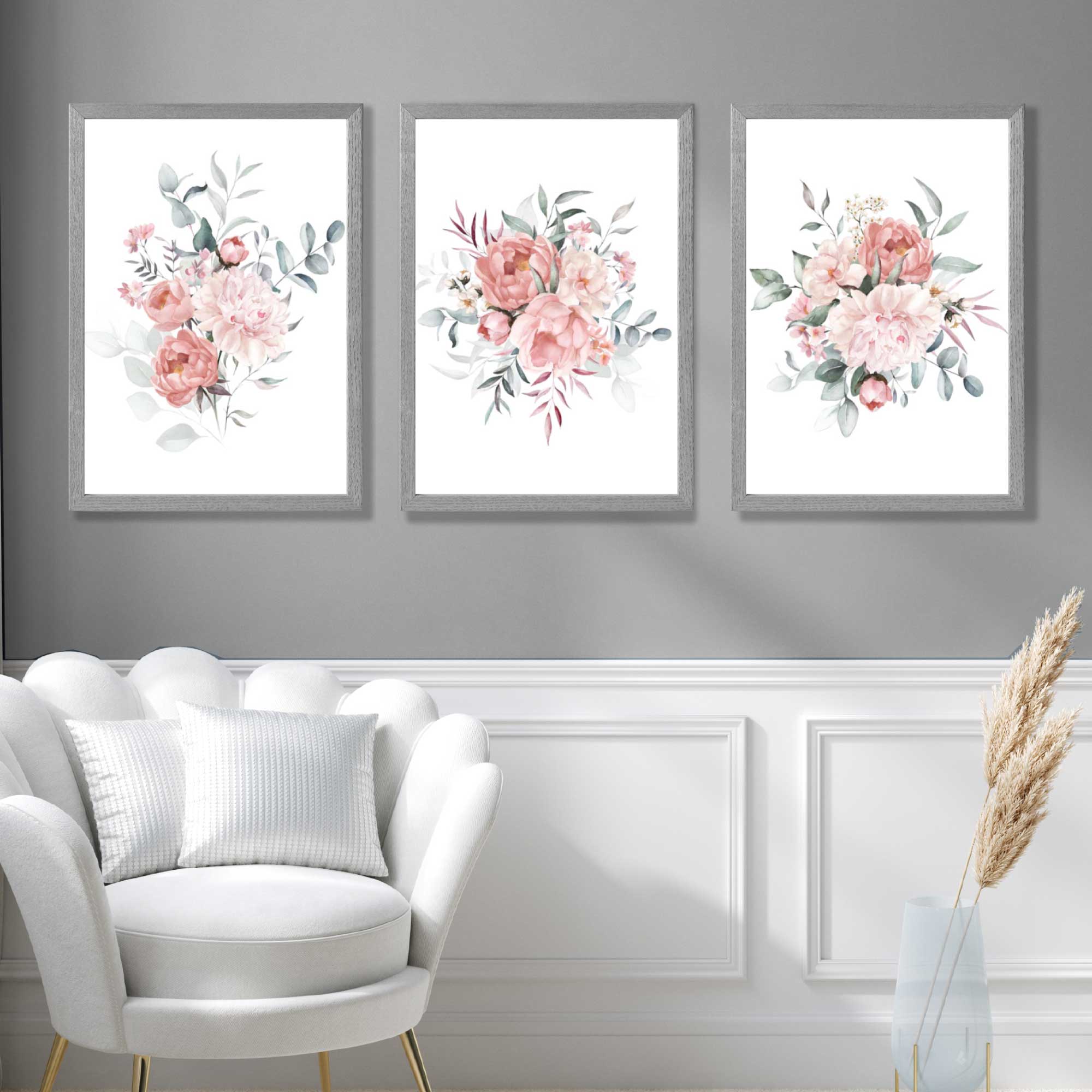 Pink Peonies Watercolour Floral Set of 3 Art Prints in Luxury Frames | Artze UK