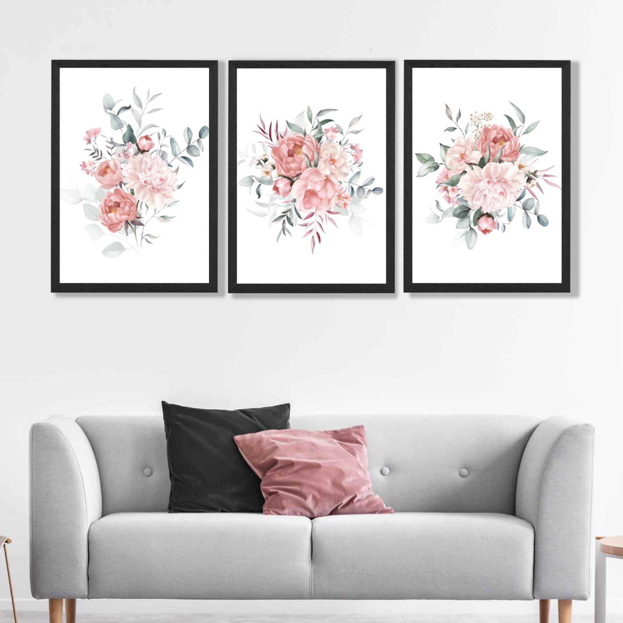 Pink Peonies Watercolour Floral Set of 3 Art Prints in Black Frames | Artze UK