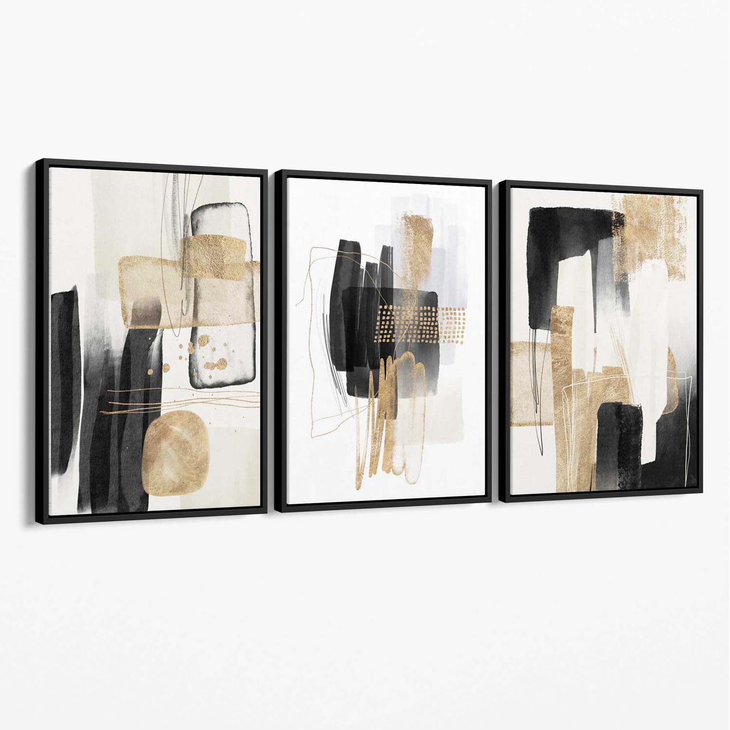 Set of 3 Abstract Black Beige with Gold Canvas Art Prints with Black Float Frame