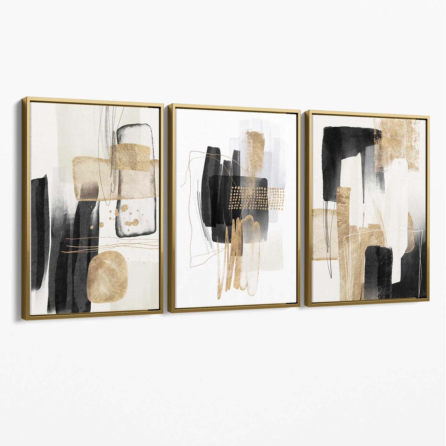 Set of 3 Abstract Black Beige with Gold Canvas Art Prints with Gold Float Frame