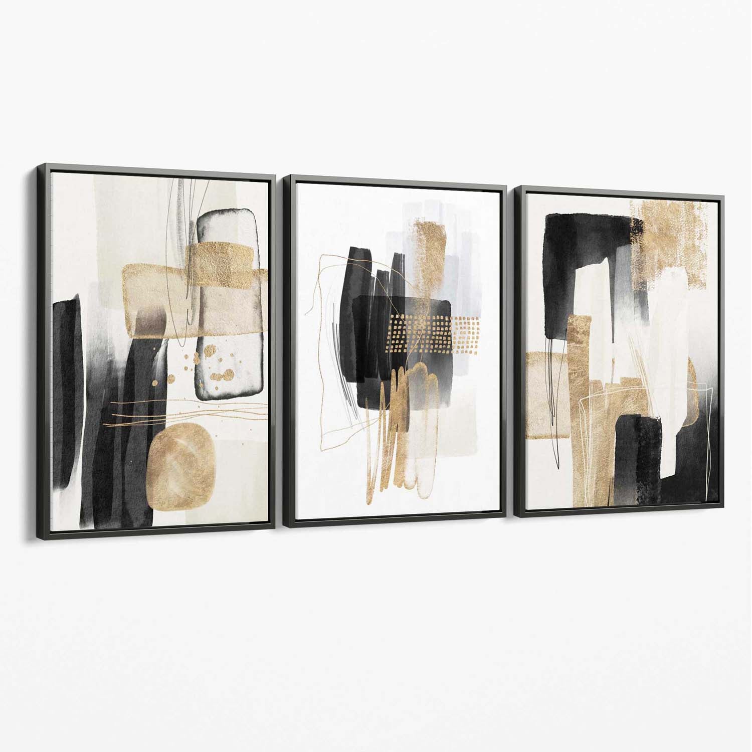 Set of 3 Abstract Black Beige with Gold Canvas Art Prints with Grey Float Frame