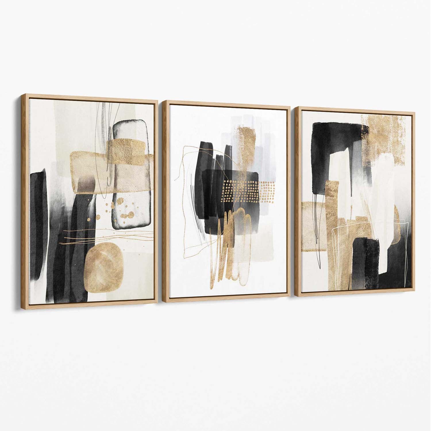 Set of 3 Abstract Black Beige with Gold Canvas Art Prints with Oak Float Frame