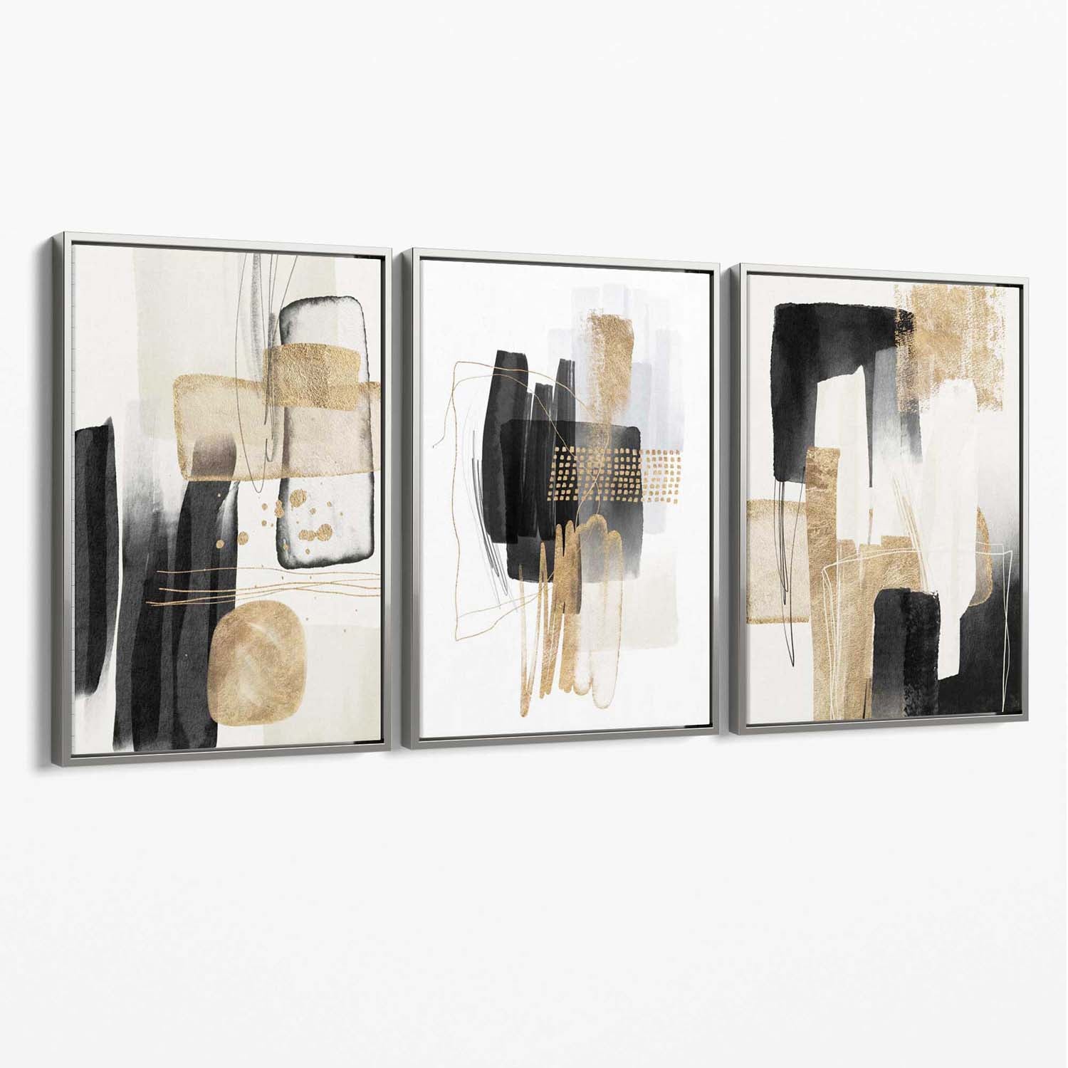 Set of 3 Abstract Black Beige with Gold Canvas Art Prints with Silver Float Frame