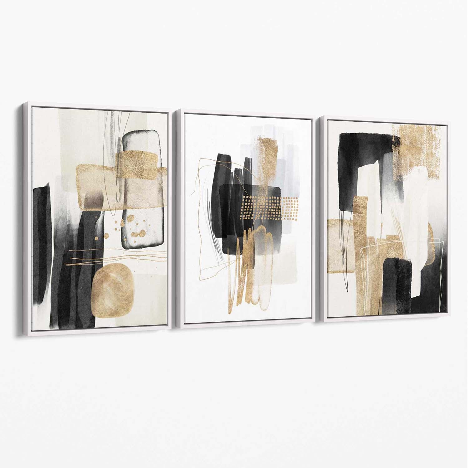 Set of 3 Abstract Black Beige with Gold Canvas Art Prints with White Float Frame