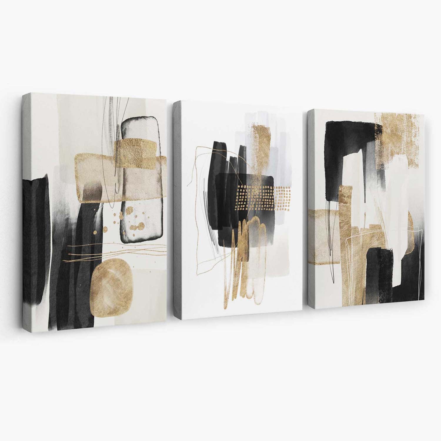 Set of 3 Abstract Black Beige with Gold Canvas Art Prints | Artze Wall Art